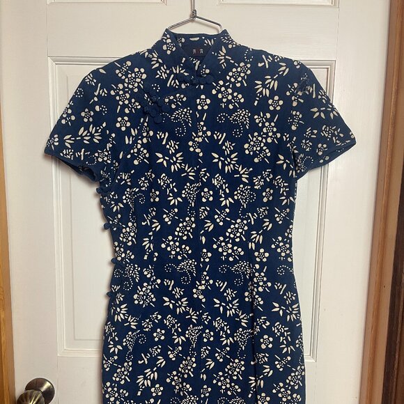 Deep Blue Mandarin Dress 100% Cotton - Picture 1 of 4